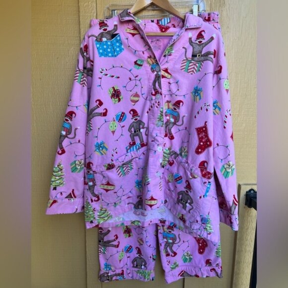 Nick and Nora Sock Monkey Pink Christmas Holiday Pajamas size XXL - Picture 1 of 9
